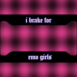May include: Black license plate frame with white text that reads "i brake for emo girls".