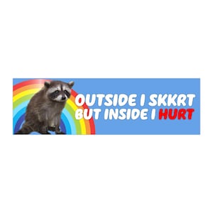 Raccoon Outside I Skrrt But Inside I Hurt Funny Unhinged Meme Bumper Sticker & Car Magnet