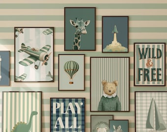Paquete de láminas decorativas para la habitación del bebé niño, láminas retro para dormitorio, decoración vintage para habitación infantil, decoración para habitación de bebé, divertidas láminas de animales, Green Gallery, descarga digital.