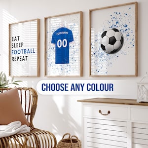 Personalised Football Wall Art Prints, Set of 3 Football Prints, Boys Bedroom Decor, Kids Bedroom Football Decor, Custom Name Football Shirt