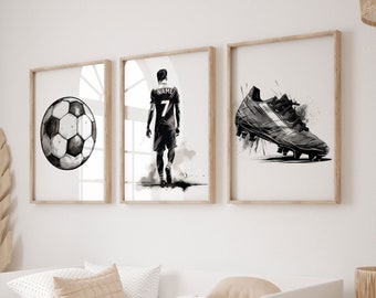 Impresiones de arte de pared de fútbol imprimibles, póster de fútbol personalizado, decoración de dormitorio para niños, decoración de habitación para adolescentes, regalos de fútbol abstractos, camiseta de fútbol