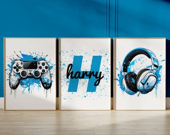 Personalised Gaming Prints, Gaming Decor, Gamer Wall Art Teen Room Prints, Boys Bedroom Decor, Blue Gaming Wall Art Games Room Graffiti Wall