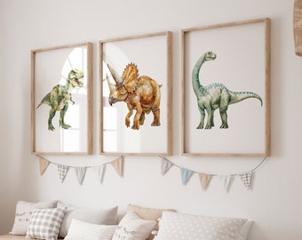 Dinosaur Prints, Set of 3 Dinosaur Posters, Watercolor Dinosaur Nursery, Dinosaur Wall Art, T-Rex Print, Triceratops, Brontosaurus, Boy Room