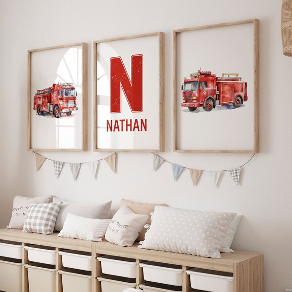 Kids Fire Engine Prints, Set of 3 Boys Room Wall Art, Boys Playroom Decor, Fire Truck Wall Art, Boys Room Decor, Toddler Room Decor