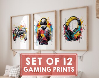 Láminas de arte de pared para videojuegos: Decoración para habitación gamer, juego de 12 (descarga digital)