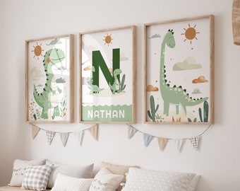 Personalised Dinosaur Prints, Set of 3 Dinosaur Bedroom Decor, Dinosaur Playroom Prints, Scandi Nursery Decor, Watercolor Dinosaur Wall Art