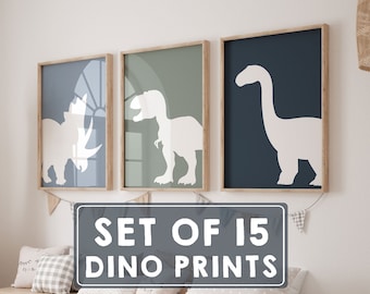 15 Dinosaur Nursery Prints: Blue Green Navy Bedroom Decor - Dino Posters (Digital Download)