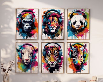 Puede incluir: Seis ilustraciones coloridas de animales con auriculares. Cada animal está rodeado de un efecto de salpicadura de pintura colorida. Los animales incluyen un gorila, un león, un panda, una oveja, un tigre y una cebra.