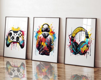2 Piece Unframed Gamer Canvas Art Set - Gaming Wall Poster For Kids / Boys Bedroom - 23.6x15.7 Inch