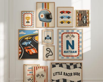 Personalised Race Car Prints, Set of 11 Vehicle Posters, Racing Nursery Wall Art, Transport Playroom Gallery Decor