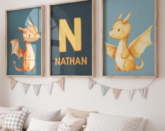Printable Dragon Nursery Posters for Boys, Personalized Nursery Decor, Dragon Nursery Wall Art, Custom Name Nursery Art, Boys Playroom Decor