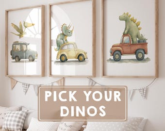 ELIGE TUS DINOSAURIOS: Láminas de dinosaurios para pared - Decoración para dormitorio infantil - Arte infantil de dinosaurios - Sala de juegos con vehículos - Regalos de dinosaurios para niños