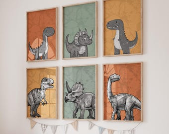 Dinosaur Nursery Prints: Playful Boy Room Wall Art (Digital Download - Set of 6)