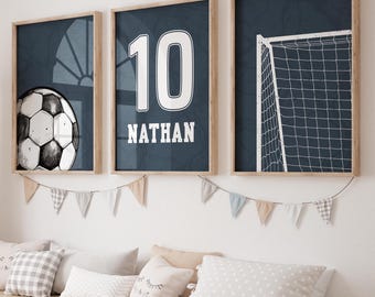 Set of 3 Football Wall Art, Personalised Football Prints, Boys Bedroom Decor, Kid Football Nursery Decor, Football Shirt Name, Football Gift