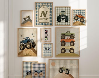 Personalized Monster Truck Nursery Wall Art Set, Vintage Boys Bedroom Prints (Digital Download)