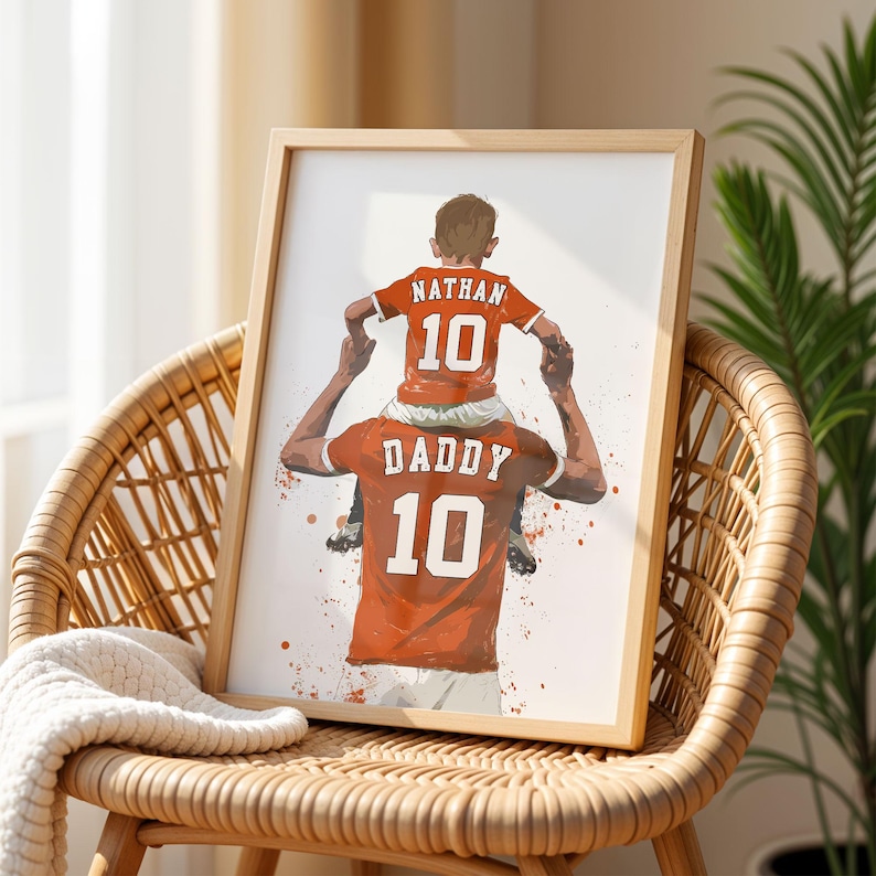 Regalos de fútbol personalizados para papá: Nombre, número y color de pelo personalizados - Regalo de padre e hijo para papá - Regalo del Día del Padre de parte de su hijo Naranja