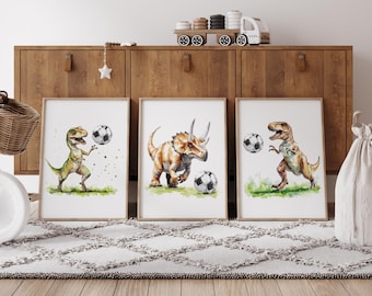 Dinosaur Nursery Prints: Set of 3 Football Gifts for Boys Playroom Wall Art - Kids Dinosaur Posters