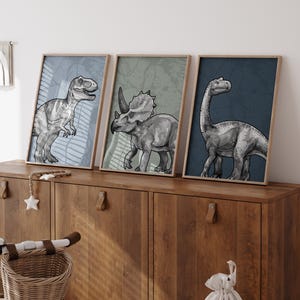 Dinosaurier Prints zum Ausdrucken, 3er Set Dinosaurier Poster, Dinosaurier Kinderzimmer Wand Dekor, Dinosaurier Wand Kunst, T-Rex Druck, Dinosaurier Junge Zimmer Geschenk