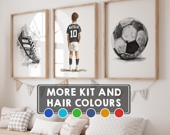 May include: Three framed wall art prints featuring a soccer theme. The left print shows a black and white soccer cleat, the center print depicts a soccer player wearing a jersey with the name NATHAN and number 10, and the right print shows a soccer ball.
