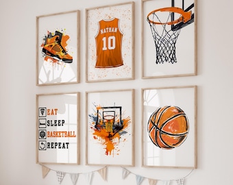 Láminas personalizadas de baloncesto: Set de 6 pósteres deportivos - Arte personalizado con nombre y número de baloncesto - Decoración para habitación de niño (Descarga digital)