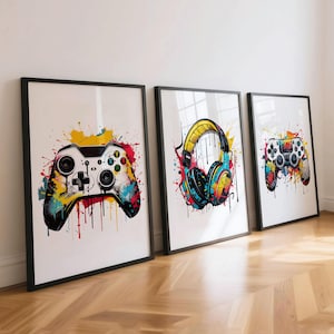 Set of 3 Gaming Prints: Controller & Headset, Gamer Room Decor, Video Game Posters