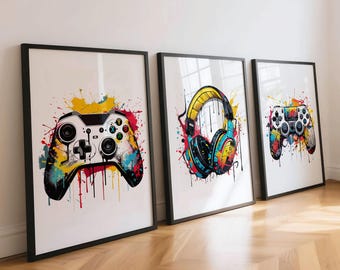 Set of 3 Gaming Prints: Controller & Headset, Gamer Room Decor, Video Game Posters