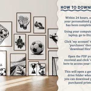 May include: A collection of black and white soccer-themed art prints. The prints feature soccer balls, nets, cleats, and the text "EAT SLEEP FOOTBALL REPEAT." The prints are displayed on a white wall.