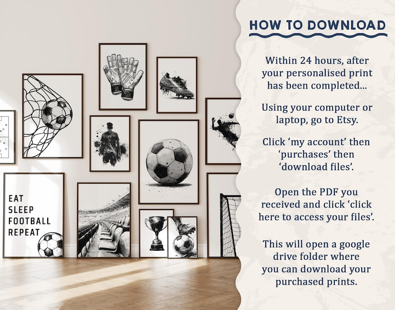 May include: A collection of black and white soccer-themed art prints. The prints feature soccer balls, nets, cleats, and the text "EAT SLEEP FOOTBALL REPEAT." The prints are displayed on a white wall.