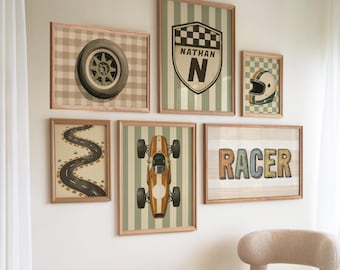 Set of 6 Race Car Prints, Boys Bedroom Decor, Vintage Style Racing Nursery Art
