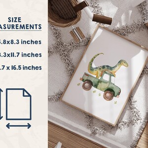 Dinosaur Wall Art Set of 3, Dino Car Nursery Prints, Kids Bedroom Decor, Boys Playroom Posters, Dinosaur Gift, Watercolour Animal Art imagem 3
