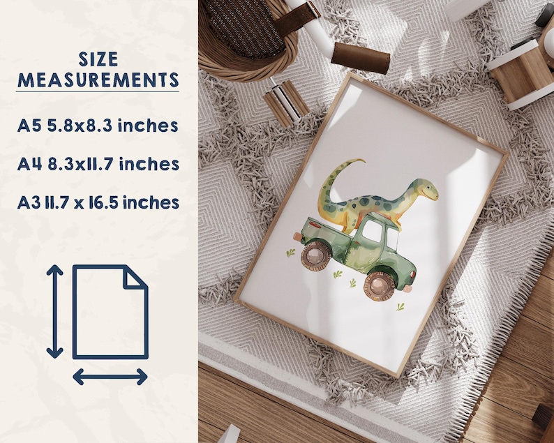 Dinosaur Wall Art Set of 3, Dino Car Nursery Prints, Kids Bedroom Decor, Boys Playroom Posters, Dinosaur Gift, Watercolour Animal Art imagem 3