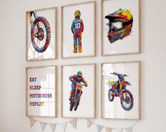 Lot d'impressions motocross personnalisées : lot de 6 affiches de motos tout-terrain - décoration de chambre de garçons (téléchargement numérique)