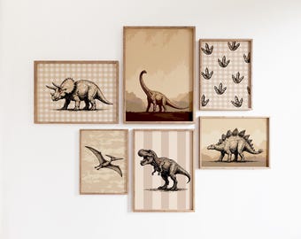 Vintage Dinosaur Wall Art Set: 6 Dino Prints for Boys Nursery (Digital Download Gallery Set)
