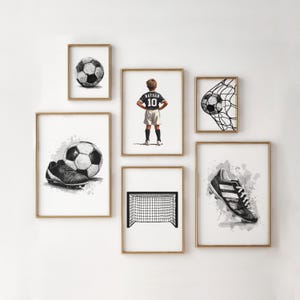 Juego de 6 impresiones de arte de pared de fútbol, impresiones de fútbol personalizadas, regalo de fútbol personalizado para el arte de la habitación de los niños, camiseta de fútbol imprimible, impresiones de fútbol