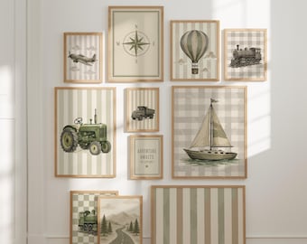 Vintage Adventure Nursery Wall Art Set, Retro Vehicle Prints, Transport Gallery Bundle (Digital Download)