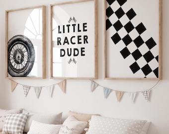 Juego de 3 láminas decorativas de coches de carreras para pared, decoración para sala de juegos de niños, láminas de coches de carreras para guardería, póster de coche de carreras, decoración para dormitorio de niños, regalo para niños.