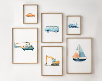 Láminas de transporte para guardería: Juego de 6 láminas de vehículos de transporte - Decoración de pared para galería infantil (descarga digital)
