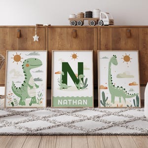 Personalisierte Dinosaurier Drucke, druckbare Dinosaurier Schlafzimmer Dekor, Aquarell Dinosaurier Wandkunst, Dinosaurier-Spielzimmer Drucke, Scandi Kinderzimmer Dekor