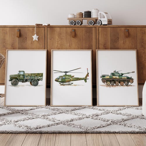 Juego de 3 láminas del ejército, láminas de vehículos militares, arte de pared para guardería infantil con camiones, decoración para habitación de bebé niño, decoración de pared de coches, lámina de coche, arte de pared para niños