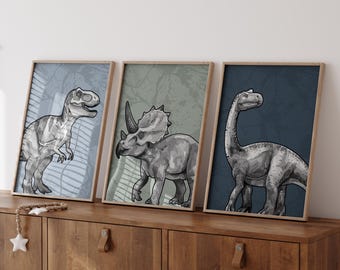 Printable Dinosaur Prints, Set of 3 Dinosaur Posters, Dinosaur Nursery Wall Decor, Dinosaur Wall Art, T-Rex Print, Boy Room Dinosaur Gift