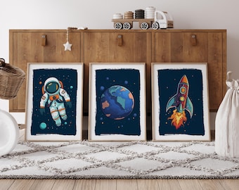 Astronaut Space Nursery Prints, Kids Space Themed Bedroom Decor, Nursery Decor, Space Wall Art, Retro Space Poster, Kids Room Decor, Digital
