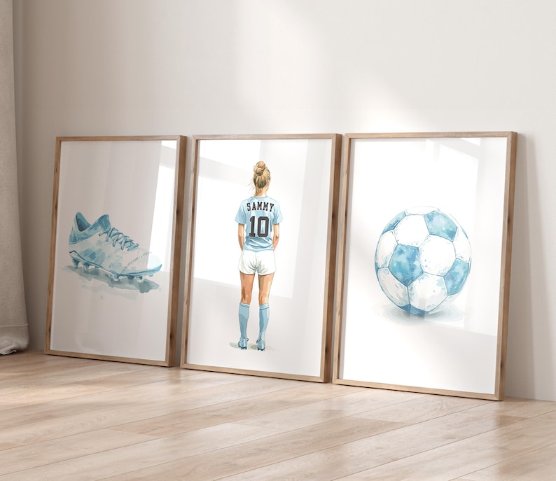 May include: Three framed watercolor illustrations: a soccer cleat, a soccer player wearing a blue jersey with the number 10 and the name "Sammy" on the back, and a soccer ball.