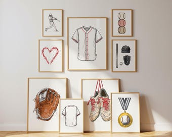 Honkbal kinderkamer muur kunst set van 9 jongenskamer honkbal prints voor kinderen honkbal thema galerij muur decor, honkbal posters voor jongens, digitaal