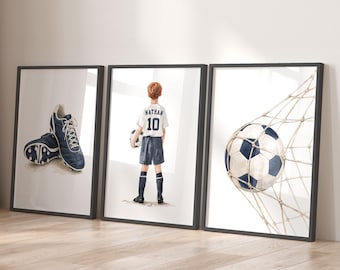 Personalised Football Wall Art: Watercolour Navy Boys Bedroom Decor, Gifts for Kids Room