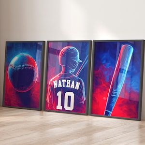 Personalized Baseball Prints, Set of 3 Baseball Posters for Boys Bedroom Sports Decor (Digital Download)