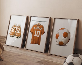 Arte mural de fútbol personalizado, juego de 3 impresiones de fútbol, regalo para niños, decoración de dormitorio de fútbol, regalo de fútbol, póster de fútbol, camiseta de fútbol