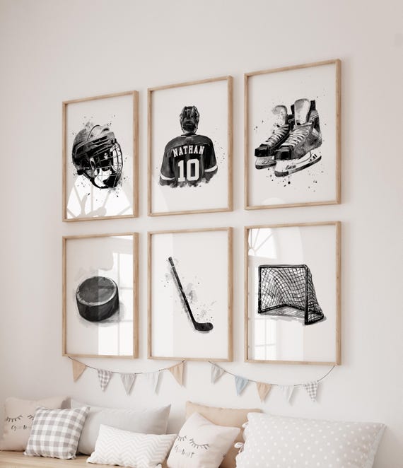 Personalized Hockey Prints: Set of 6 Sports Posters - Custom Name & Number - Boys Bedroom Decor (Digital Download)