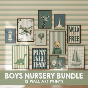 Boys Nursery Wall Art Bundle, Retro Bedroom Prints, Vintage Nursery, Baby Room Decor, Playful Animal Prints, Green Gallery, Digital Download