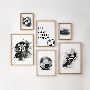 Pôsteres de futebol personalizados, conjunto de 6 impressões de arte de parede de futebol, presente de futebol para decoração de quarto de meninos, arte de quarto de meninos, camisa de futebol para impressão