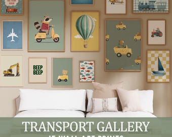 Retro Transportation Prints: Dekoracja ścienna Vintage Boys Gallery – zestaw 15 sztuk (do pobrania w wersji cyfrowej)